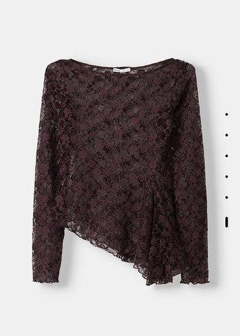 s Beden Bershka Kahverengi Dantel Transparan Uzun Kollu Kayık Yaka Bluz