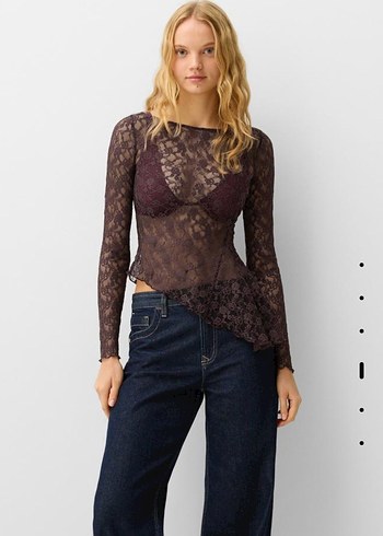 Bershka Bershka Kahverengi Dantel Transparan Uzun Kollu Kayık Yaka Bluz
