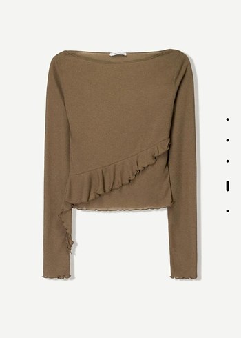 Bershka Bershka Haki Transparan Uzun Kollu Fırfırlı Kayık Yaka Bluz