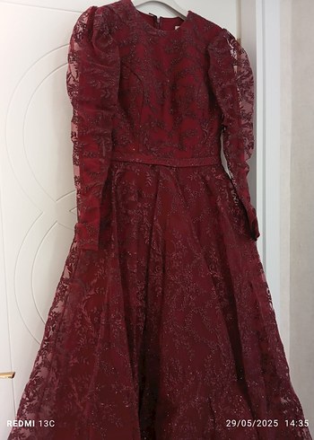 Bordo Uzun Kollu Drapeli Kadın Kına Elbisesi - Görsel 3