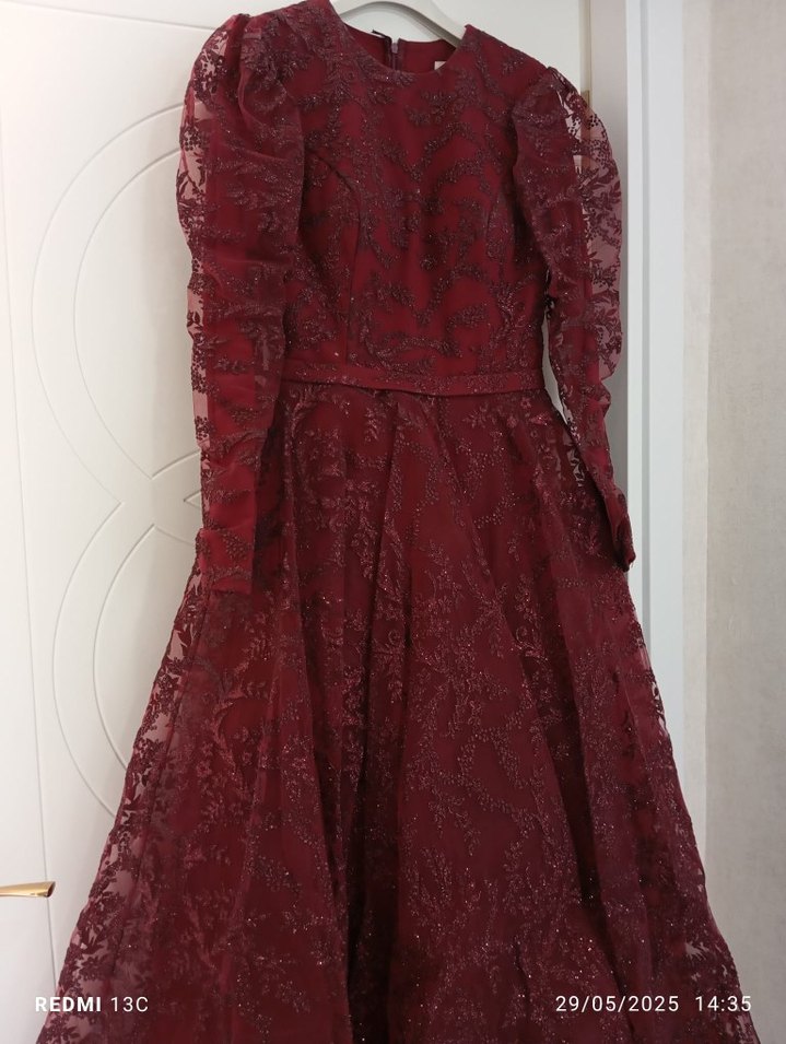 Bordo Uzun Kollu Drapeli Kadın Kına Elbisesi - Görsel 3