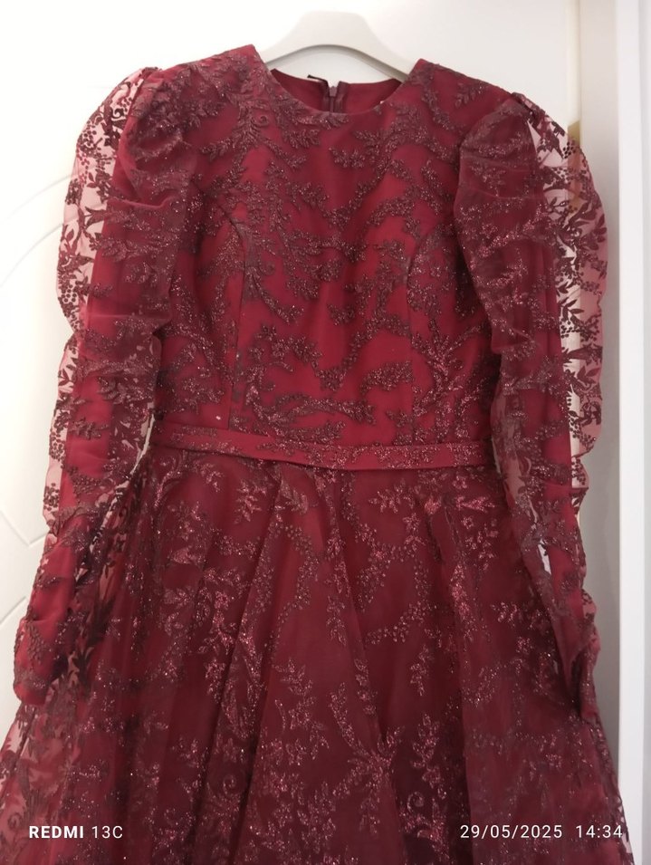 Bordo Uzun Kollu Drapeli Kadın Kına Elbisesi - Görsel 2