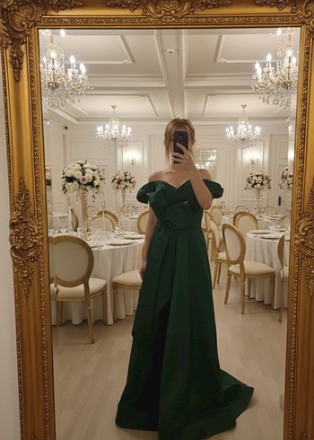 Yeşil Drapeli V Yaka Midi Abiye Elbise - Görsel 2