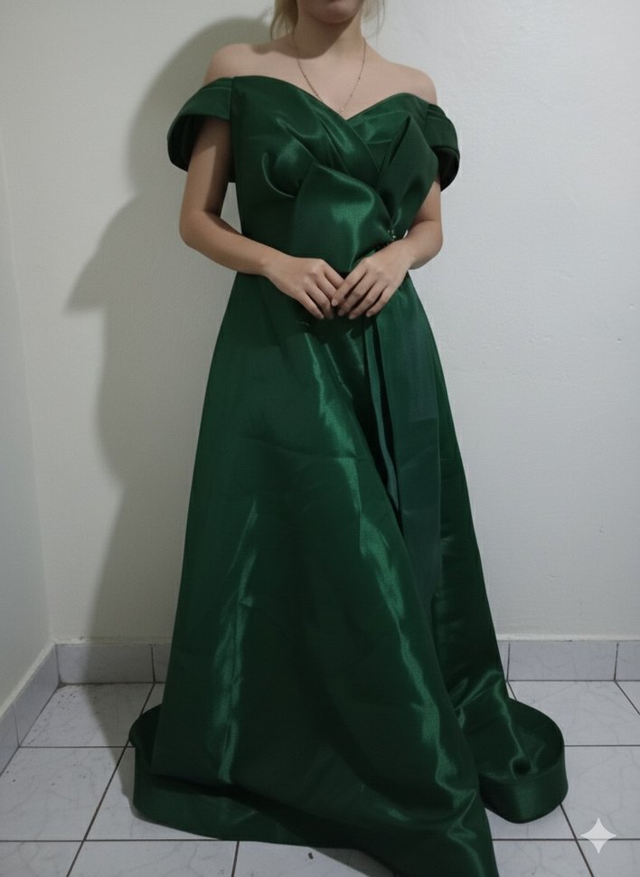 Yeşil Drapeli V Yaka Midi Abiye Elbise - Görsel 3