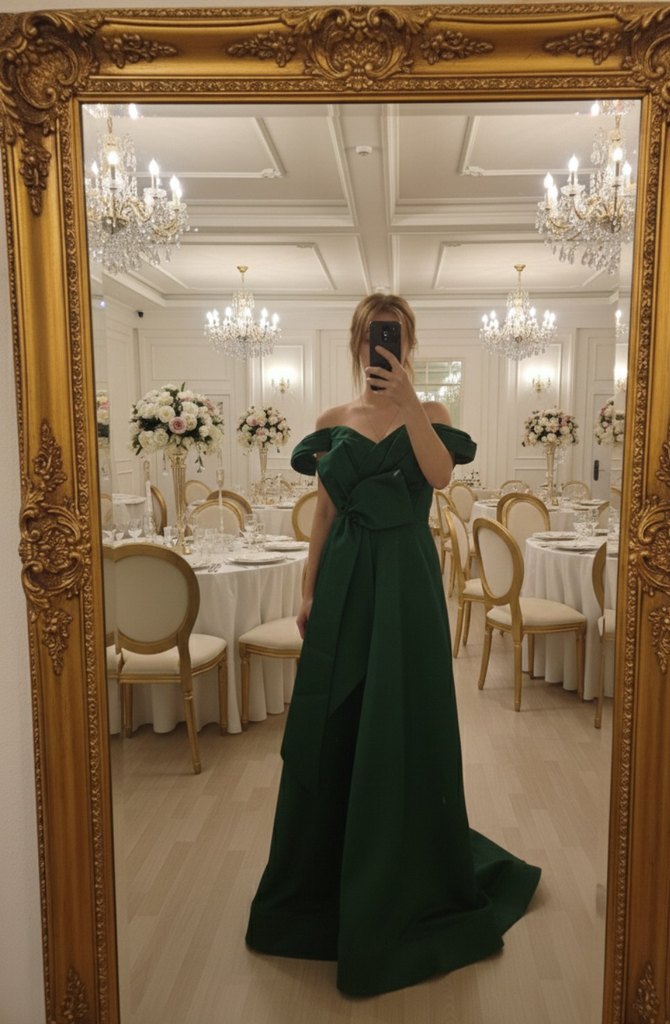 Yeşil Drapeli V Yaka Midi Abiye Elbise - Görsel 2