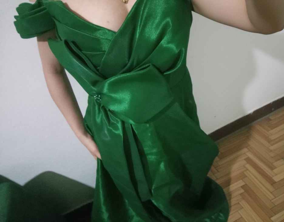 Yeşil Drapeli V Yaka Midi Abiye Elbise - Görsel 4