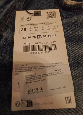 38 Beden ZARA KOT PANTOLON