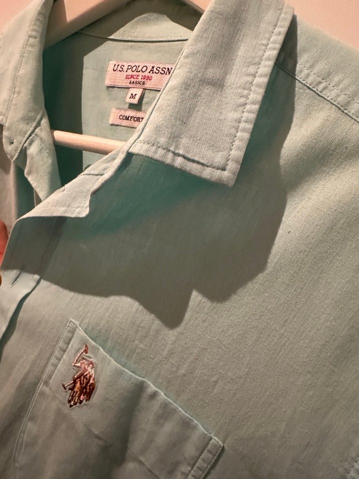 Turkuaz Kısa Kollu Keten Erkek Gömlek - Görsel 2