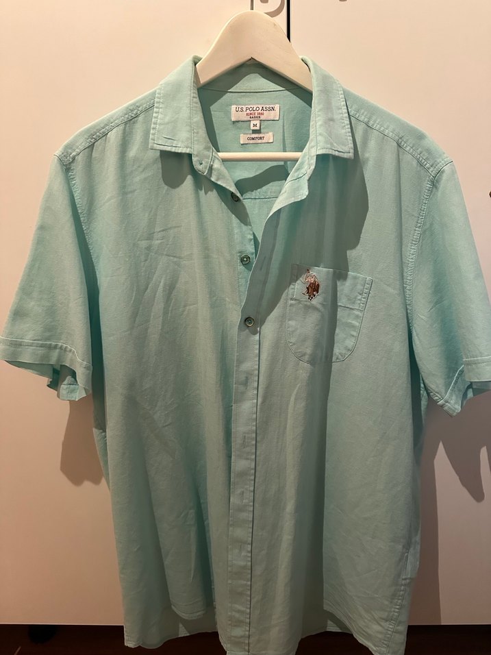 Turkuaz Kısa Kollu Keten Erkek Gömlek - Görsel 4