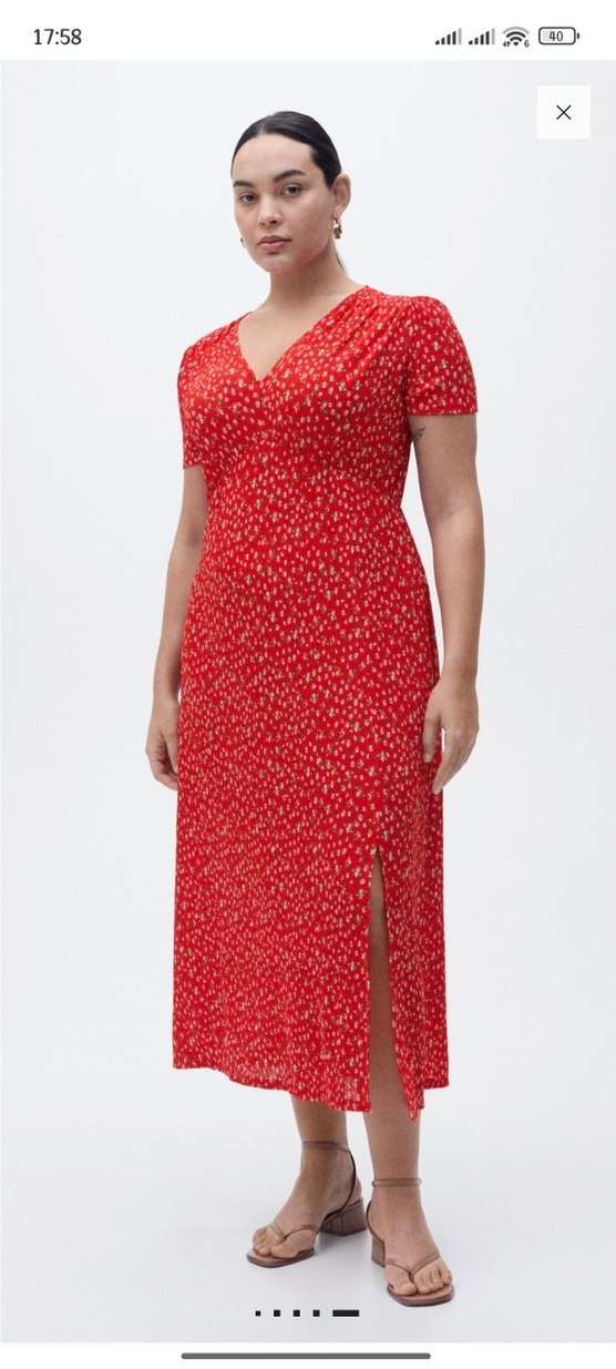 MANGO V Yaka Kısa Kollu Kırmızı Midi Elbise - Görsel 3