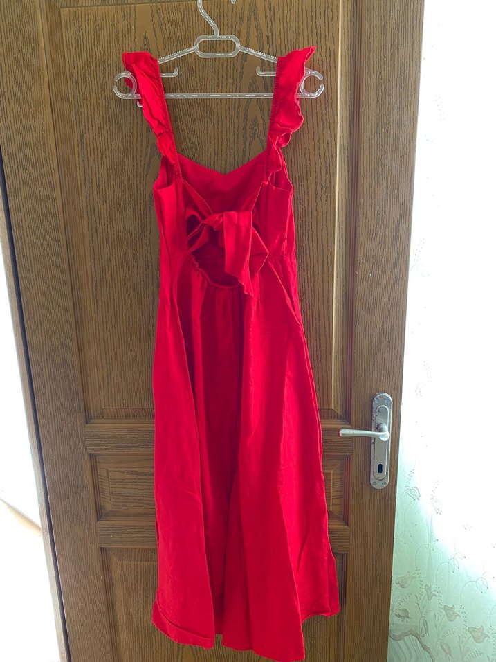 Kırmızı, Uzun keten Elbise - Görsel 4