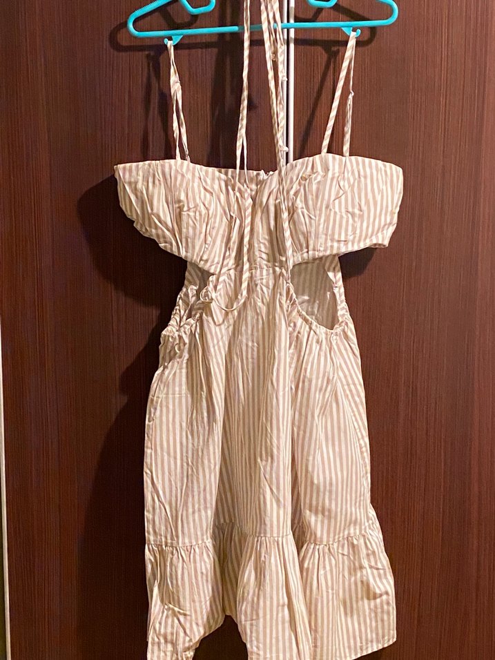 Bej Çizgili Askılı Midi Elbise - Görsel 3