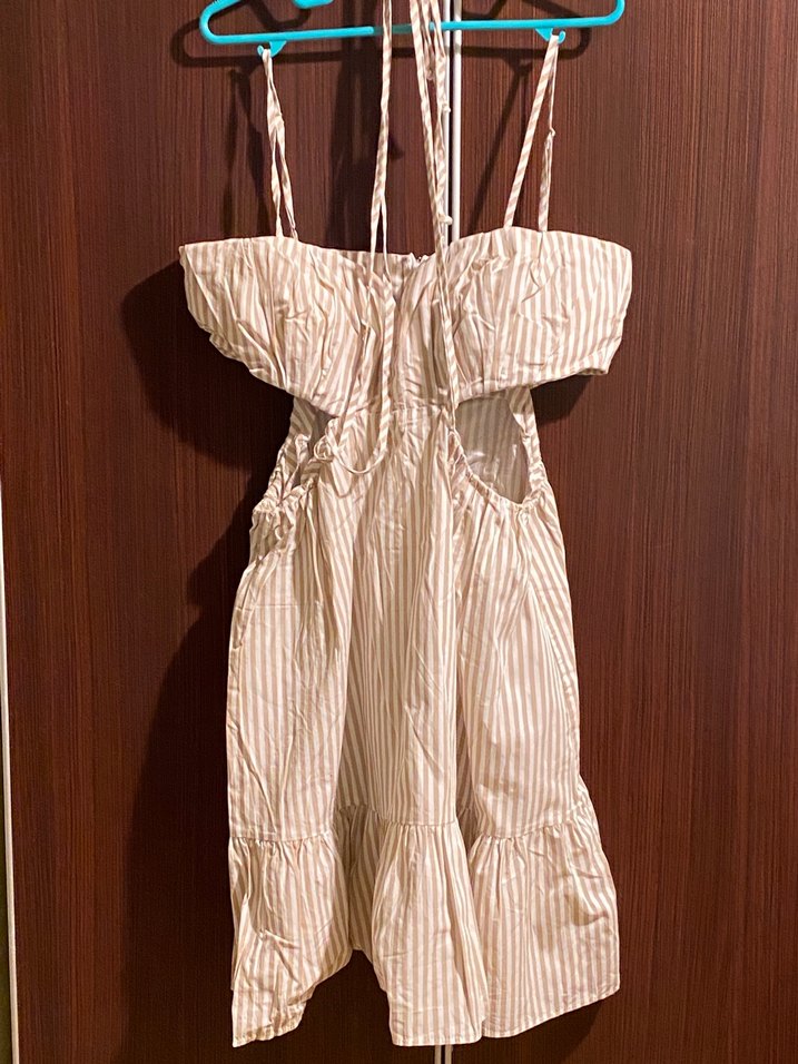 Bej Çizgili Askılı Midi Elbise - Görsel 2