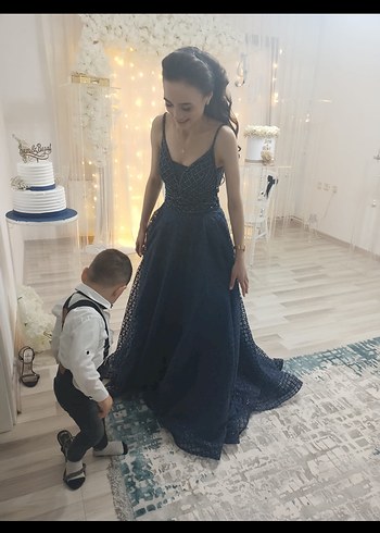 34 Beden lacivert Renk İnci Detaylı Lacivert Uzun Abiye Elbise