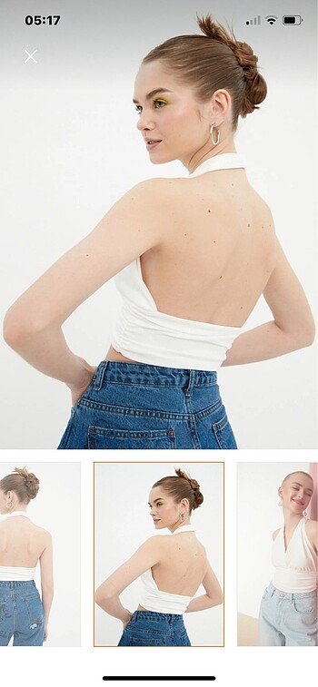 s Beden Ekru boyundan bağlamalı crop bluz