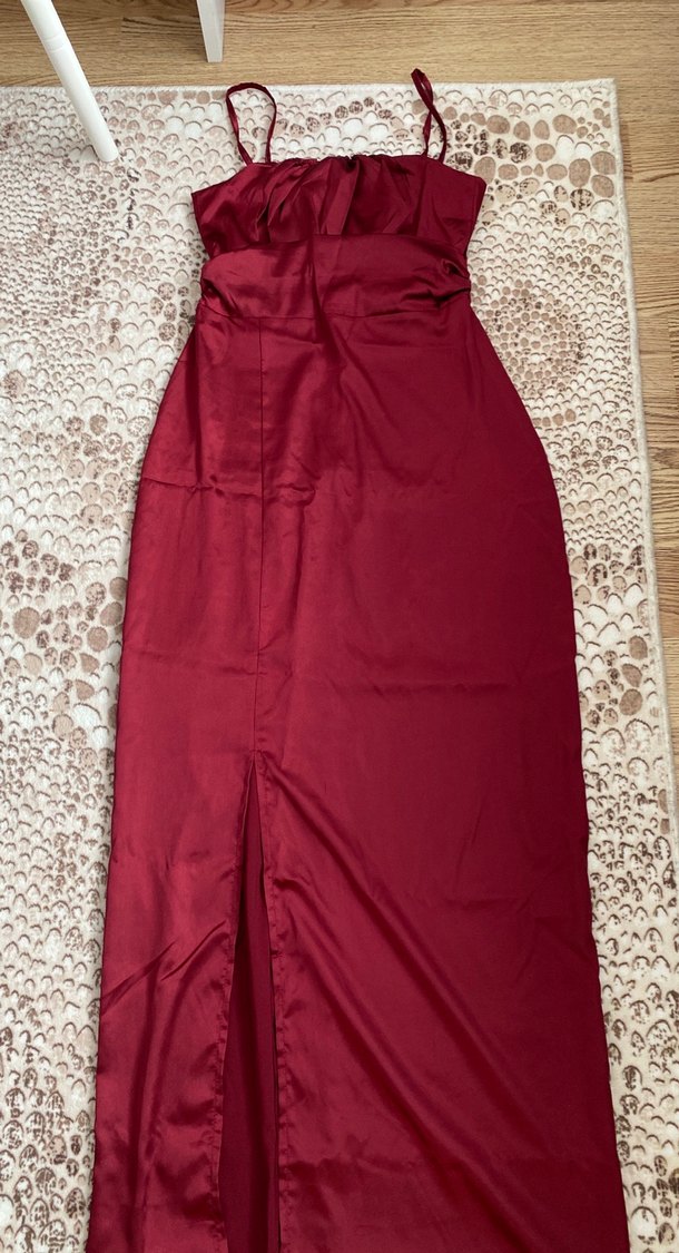 Bordo Parlak Uzun Abiye Elbise - Görsel 4