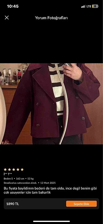 s Beden bordo Renk Stradivarius bordo ceket kaban