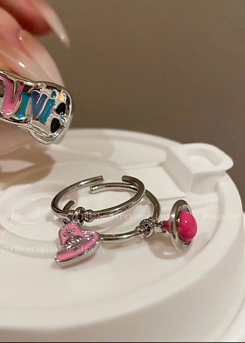 Pembe Boncuklu Rock Punk Kadın Yüzük - Görsel 4