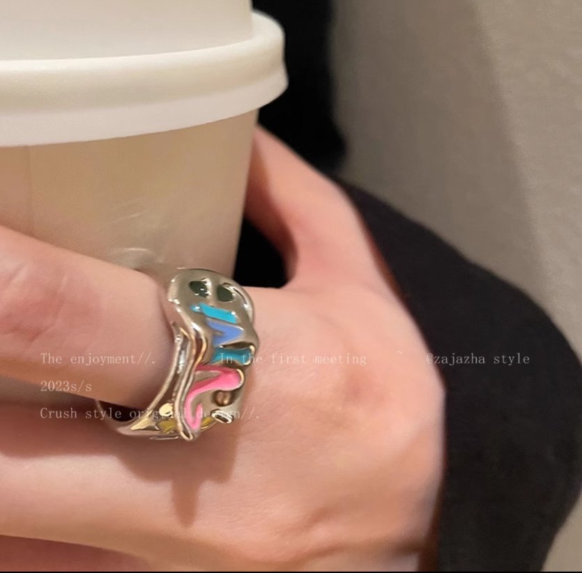 Pembe Boncuklu Rock Punk Kadın Yüzük - Görsel 3