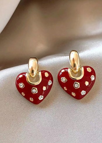 Renkli Puantiyeli Kırmızı Mini Kalp Küpe - Görsel 3