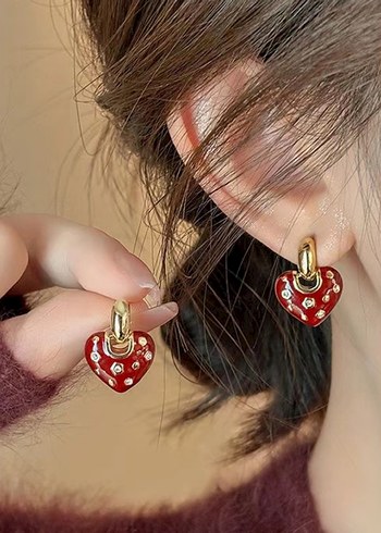 Renkli Puantiyeli Kırmızı Mini Kalp Küpe - Görsel 2