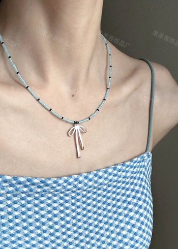 Turkuaz İşlemeli Mini Boncuklu Kadın Kolye - Görsel 3