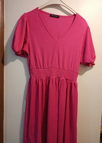 Pembe V Yaka Midi Keten Elbise - Görsel 3