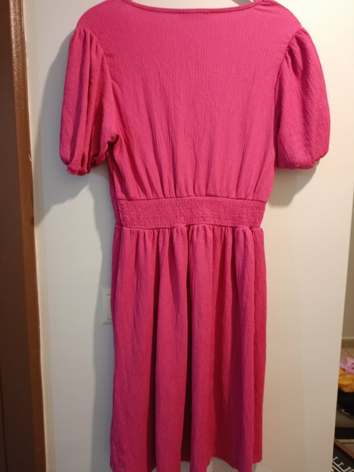 Pembe V Yaka Midi Keten Elbise - Görsel 5