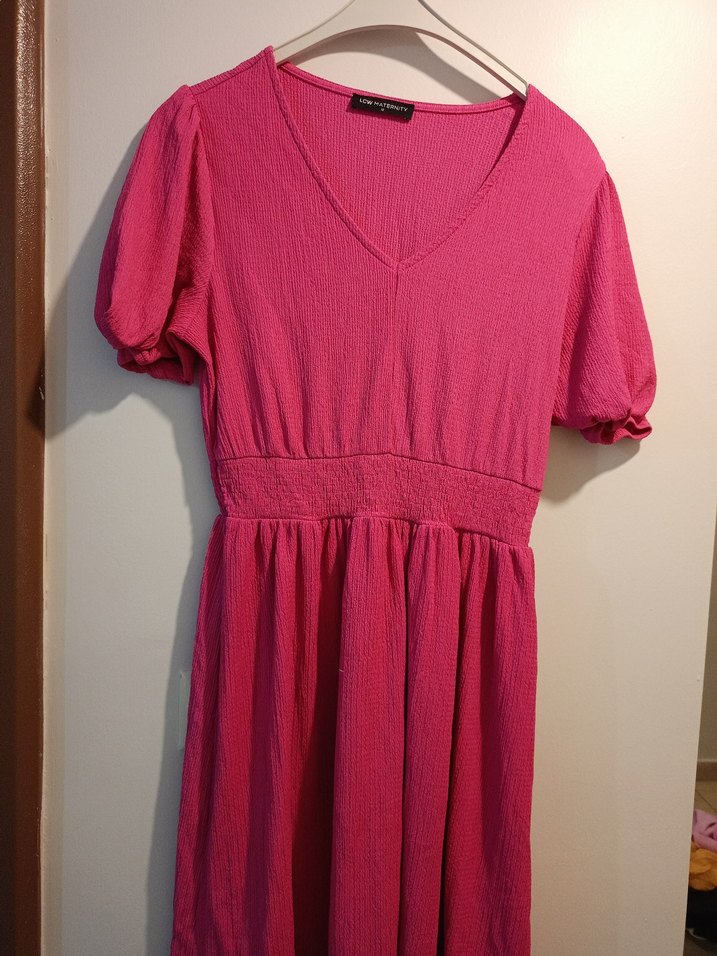 Pembe V Yaka Midi Keten Elbise - Görsel 3