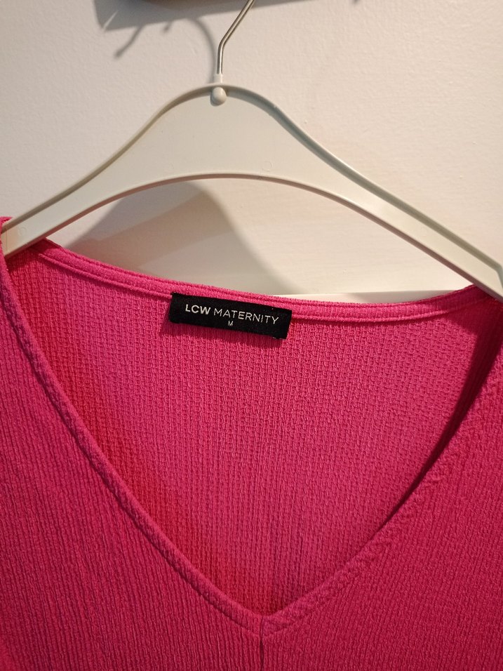 Pembe V Yaka Midi Keten Elbise - Görsel 2