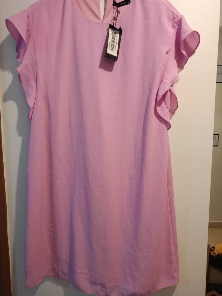 Pembe Kısa Kollu Fırfırlı Kadın elbise - Görsel 4