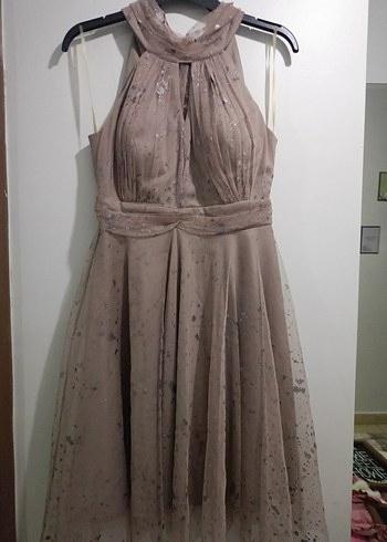 Bej Uzun Drapeli Kadın Abiye Elbise - Görsel 3