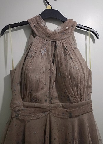 Bej Uzun Drapeli Kadın Abiye Elbise - Görsel 2