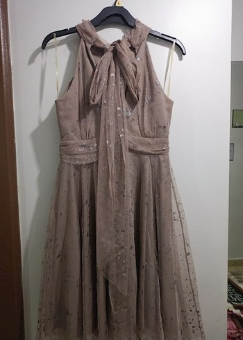 Bej Uzun Drapeli Kadın Abiye Elbise - Görsel 4