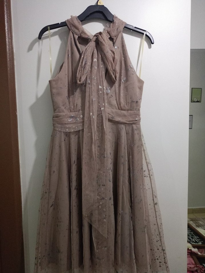 Bej Uzun Drapeli Kadın Abiye Elbise - Görsel 4