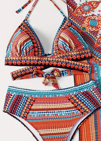Boncuk Detaylı Renkli Bohem Bikini takımı