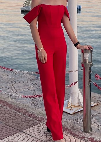 Kırmızı Straplez Kadın Uzun Tulum