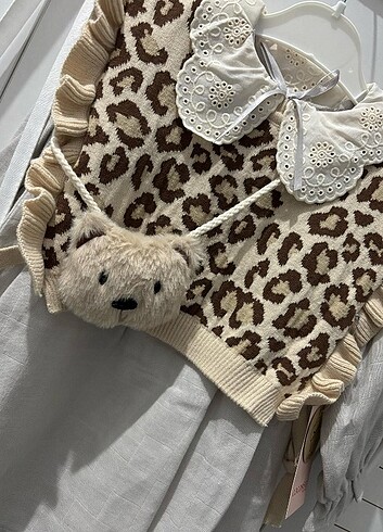 Standart Beden Beden Kız bebek elbise leopar desenli süveterli