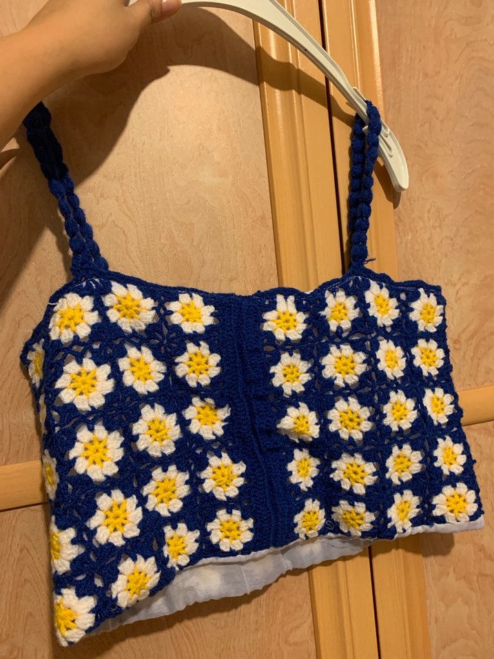 Mavi Örgü Çiçek Desenli Crop Top - Görsel 2