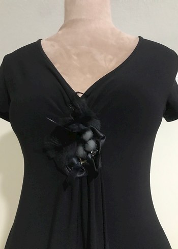 Siyah V Yaka Drapeli Uzun  Elbise - Görsel 4