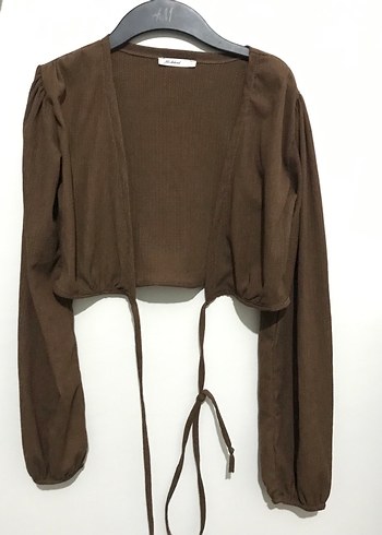 Kahverengi Süet V Yaka Kemerli Kadın Bluz - Görsel 2