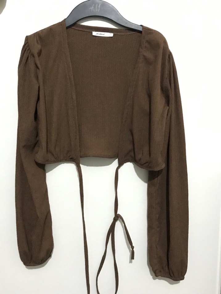 Kahverengi Süet V Yaka Kemerli Kadın Bluz - Görsel 2