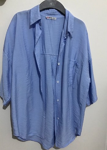 Mavi Düğmeli Keten Kadın Gömlek - Görsel 2