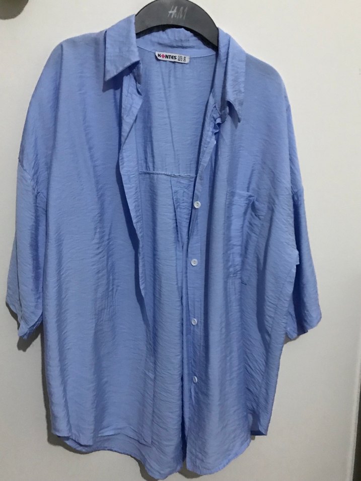 Mavi Düğmeli Keten Kadın Gömlek - Görsel 2