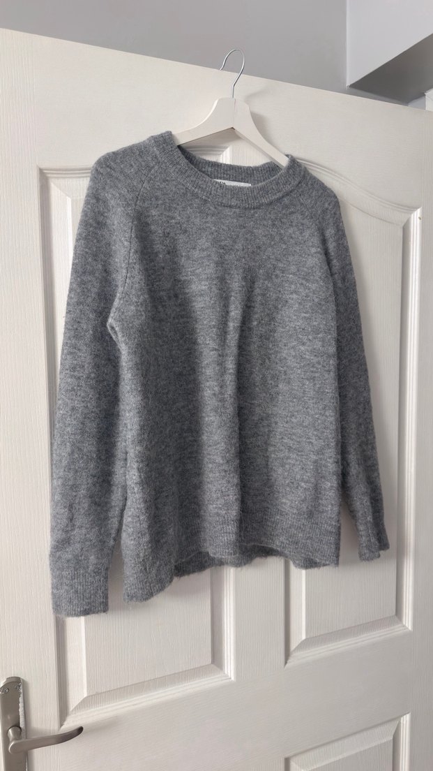Gri Kadın Yün Örgü Basic Kazak oversize - Görsel 5