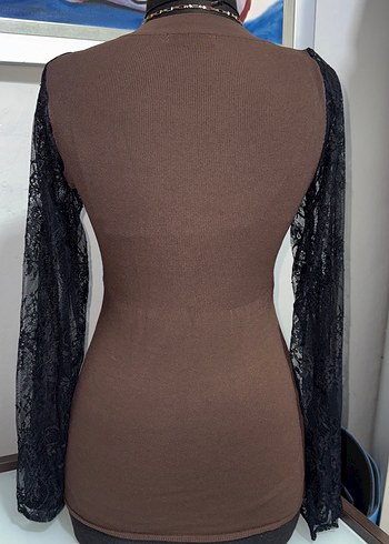 Dantel Kollu V Yaka Kahverengi Örgü Elbise - Görsel 2