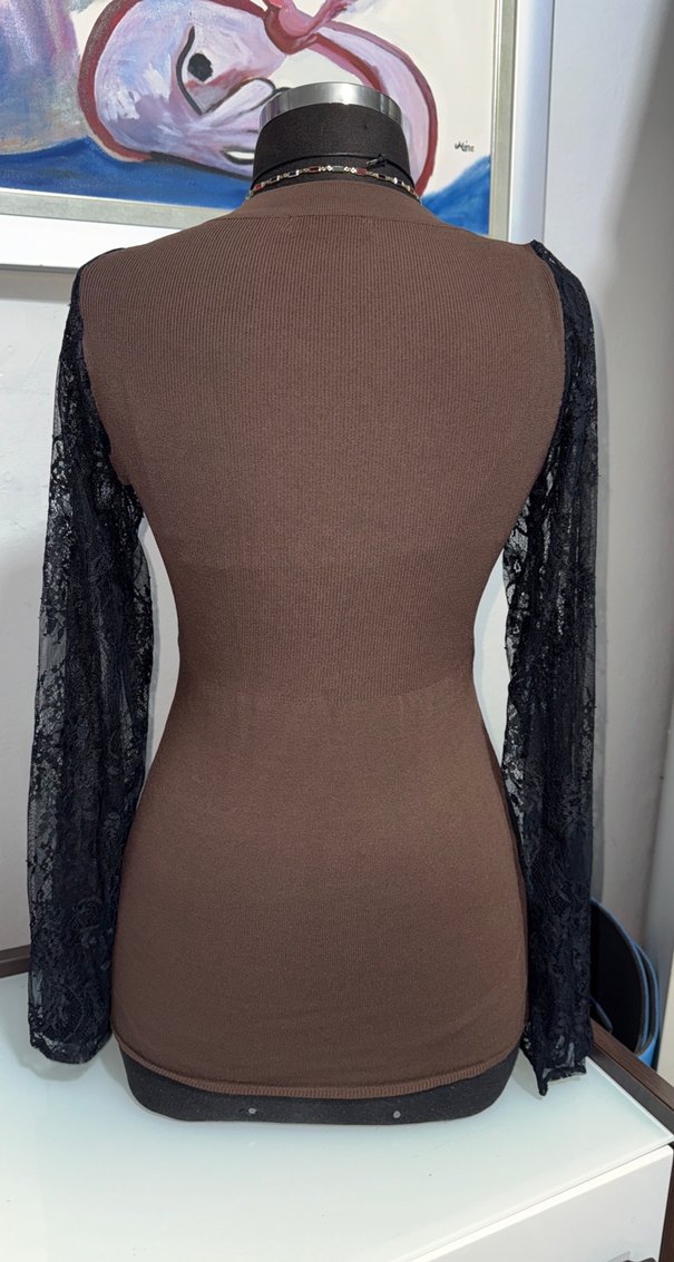 Dantel Kollu V Yaka Kahverengi Örgü Elbise - Görsel 2