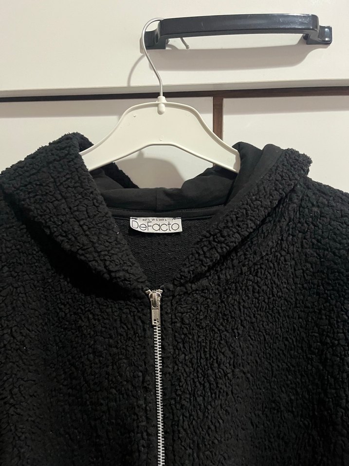 Siyah Kapüşonlu Peluş Kadın Ceket - Görsel 2