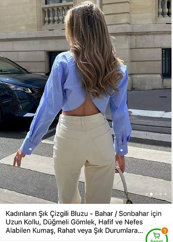 Kadın Mavi Çizgili Uzun Kollu V Yaka Gömlek - Görsel 3