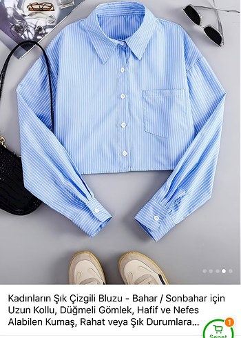 Kadın Mavi Çizgili Uzun Kollu V Yaka Gömlek - Görsel 5